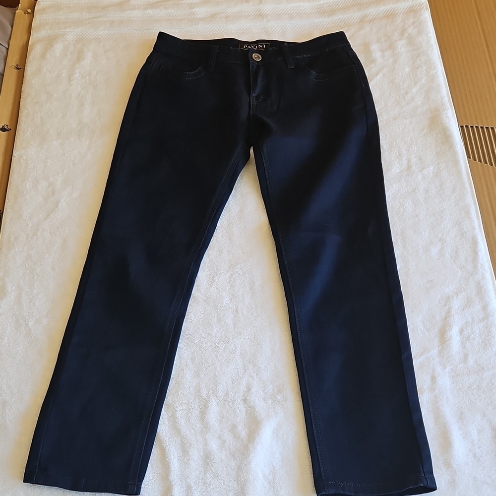 PAVINI‎ Women's Navy Straight Jeans Stretch Denim 5-Pocket Zip Button Logo